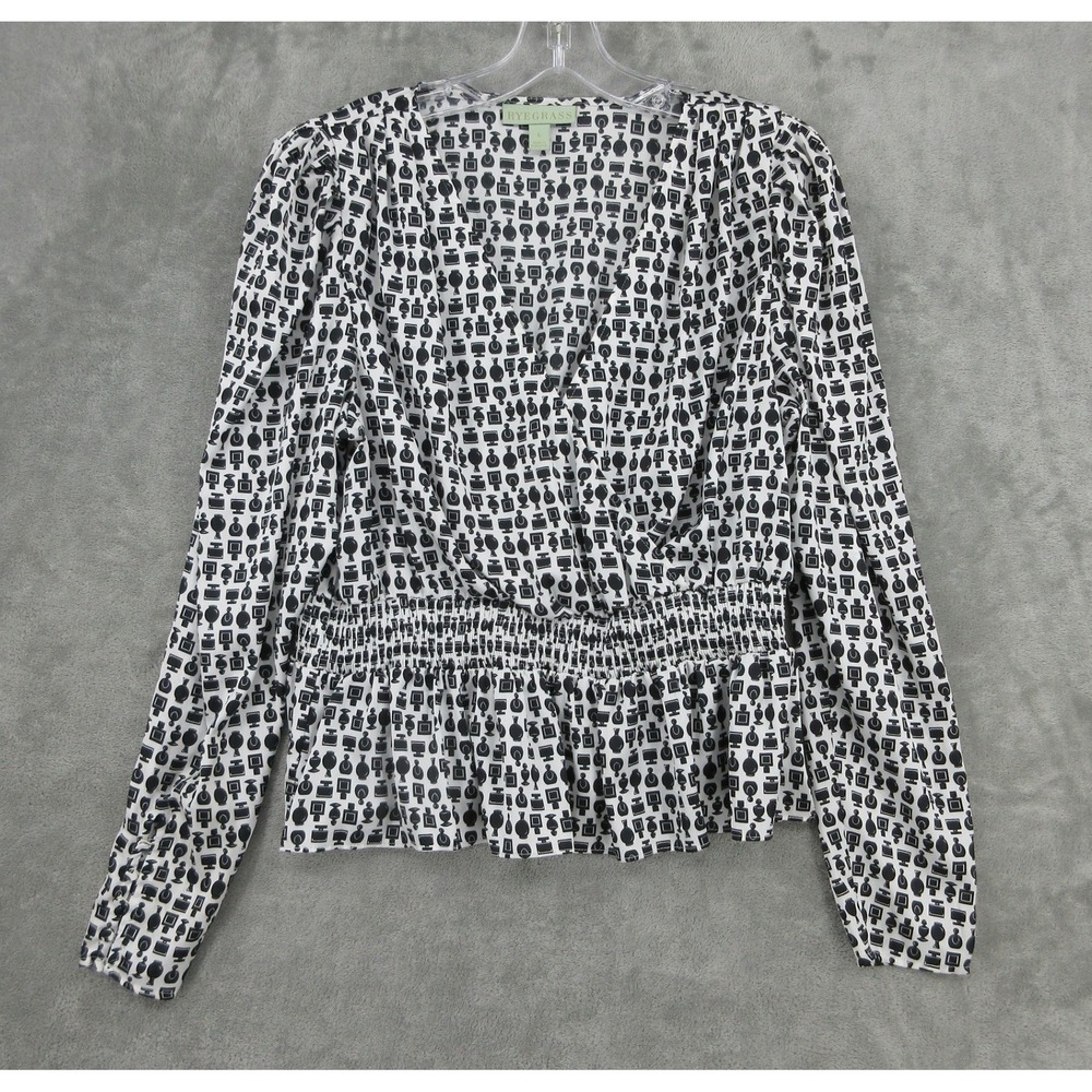 Ryegrass Top Womens Size L Perfume Bottle Print Puff Sleeve Smocked Waist Black